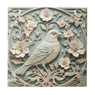 Azulejo Art Nouveau Faux Relief Right Bird Flowe Mint