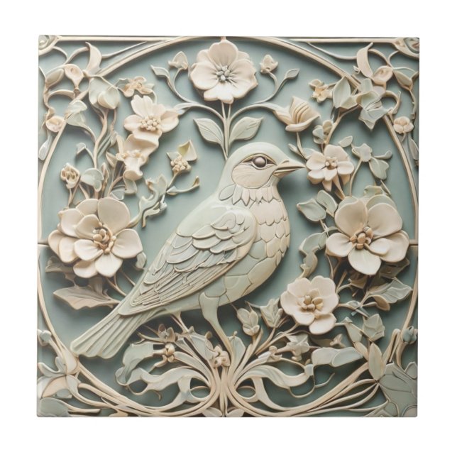 Azulejo Art Nouveau Faux Relief Right Bird Flowe Mint (Frente)