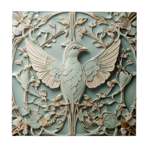 Azulejo Art Nouveau Faux Relief Right Bird Pastel Mint