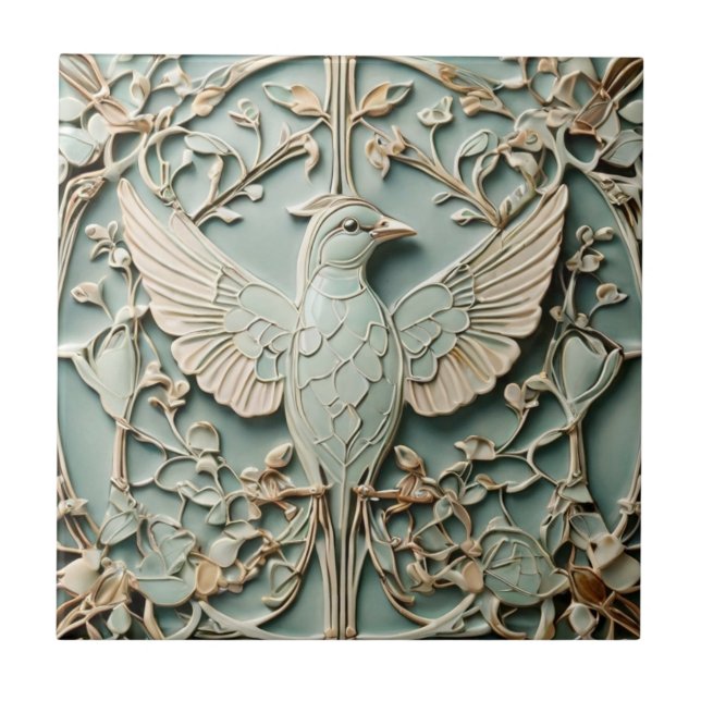 Azulejo Art Nouveau Faux Relief Right Bird Pastel Mint (Frente)
