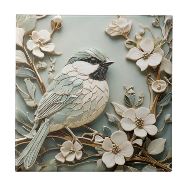 Azulejo Art Nouveau Faux Relief Right Chickadee Bird Mint (Frente)