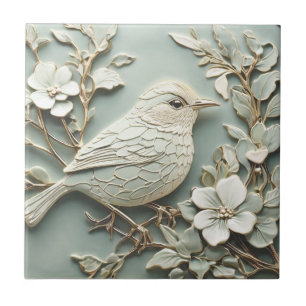 Azulejo Art Nouveau Faux Relief Right Wren Bird Mint