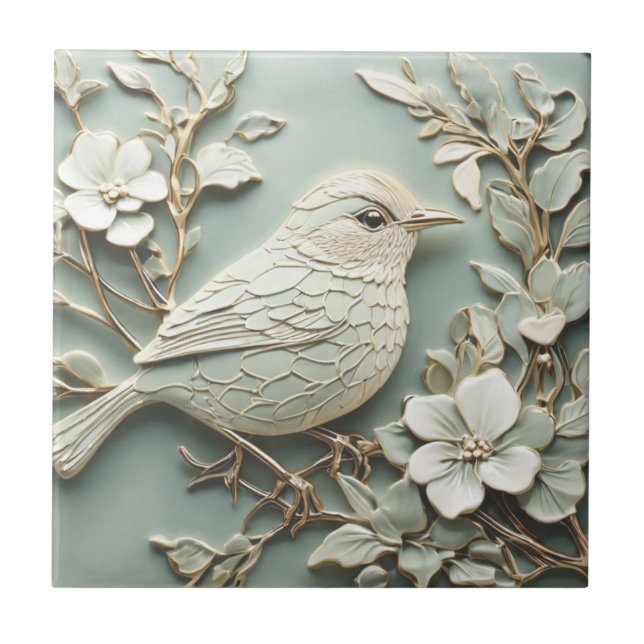 Azulejo Art Nouveau Faux Relief Right Wren Bird Mint (Frente)