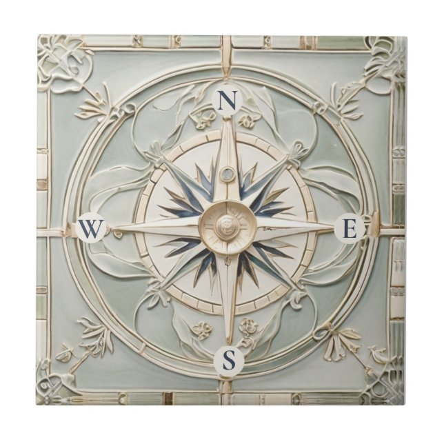 Azulejo Art Nouveau Faux Relief Rosa de brújula náutica (Frente)
