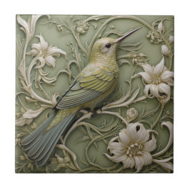 Azulejo Art Nouveau Faux Relief Sage Green Hummingbird
