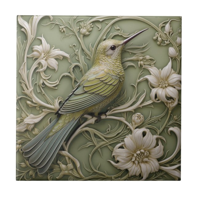 Azulejo Art Nouveau Faux Relief Sage Green Hummingbird (Frente)