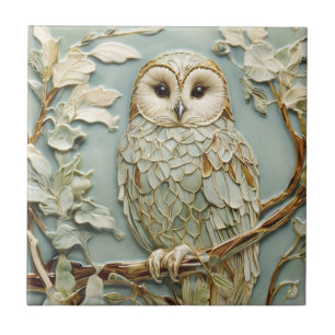 Azulejo Art Nouveau Faux Relief Tawny Owl Bird Pastel Mint