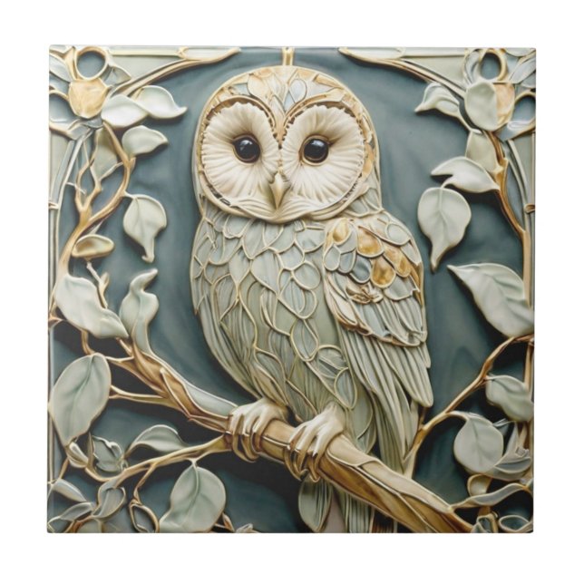 Azulejo Art Nouveau Faux Relief Tawny Owl Woodland Bird (Frente)