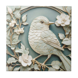 Azulejo Art Nouveau Faux Relief Wren Bird Antigüedad