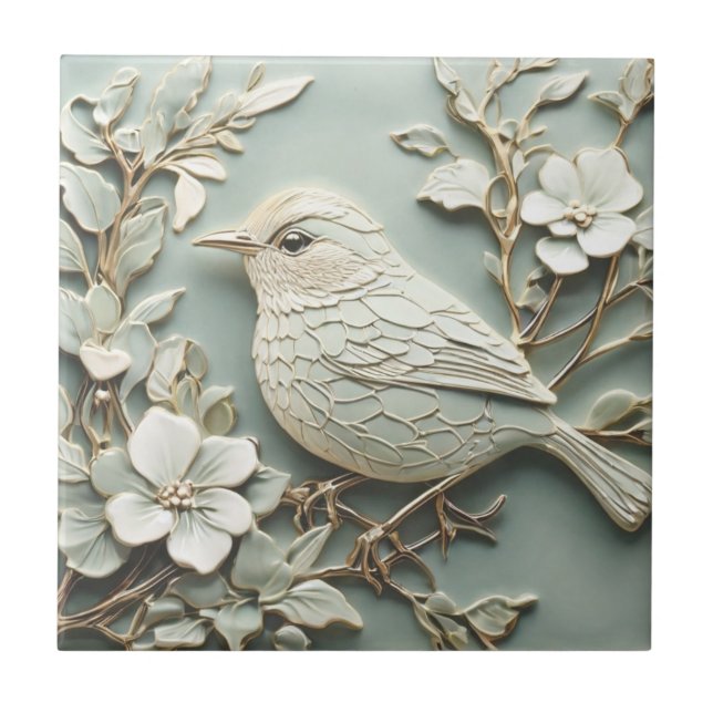 Azulejo Art Nouveau Faux Relief Wren Bird Vintage (Frente)