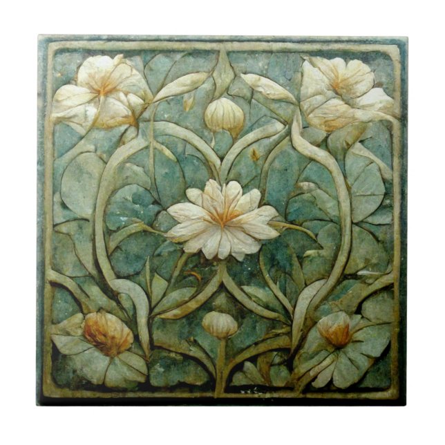 Azulejo Art Nouveau, floral blanca francesa, azul decorati (Frente)