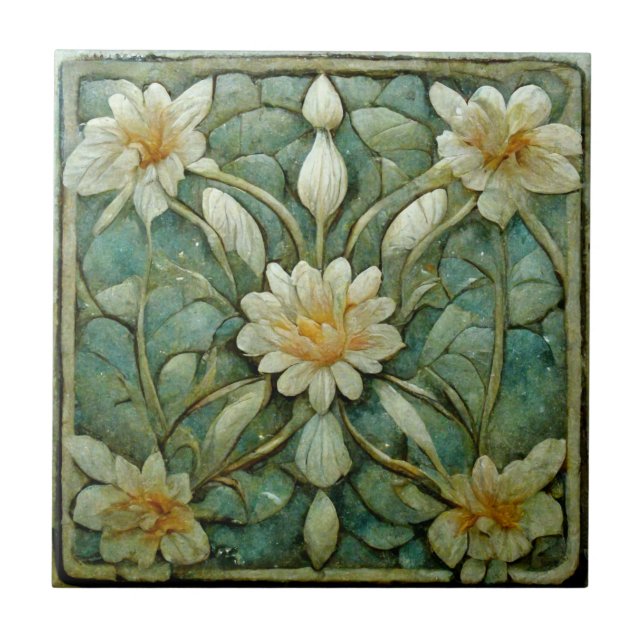 Azulejo Art Nouveau, Floral blanca francesa, azul hermoso, (Frente)