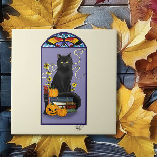 Azulejo Art Nouveau Gato Negro Calabaza Púrpura Otoño Amar