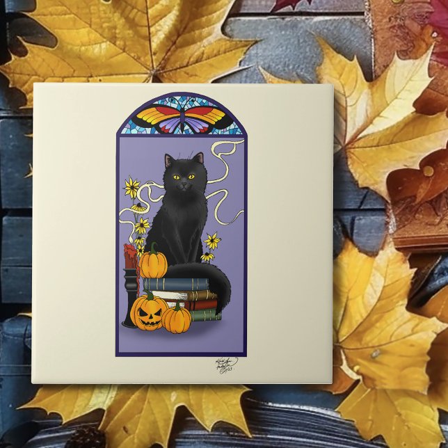 Azulejo Art Nouveau Gato Negro Calabaza Púrpura Otoño Amar (Subido por el creador)