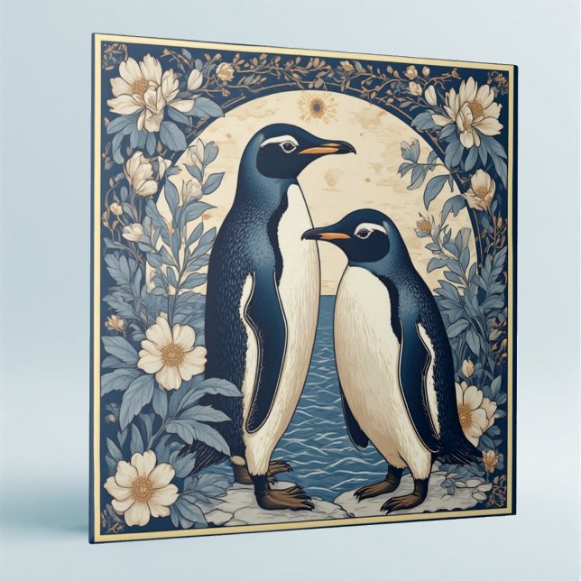Azulejo Art Nouveau Ice Birds Penguin Couple Floral Decor  (Art Nouveau Ice Birds Penguin Couple Floral Decor Ceramic Tile)