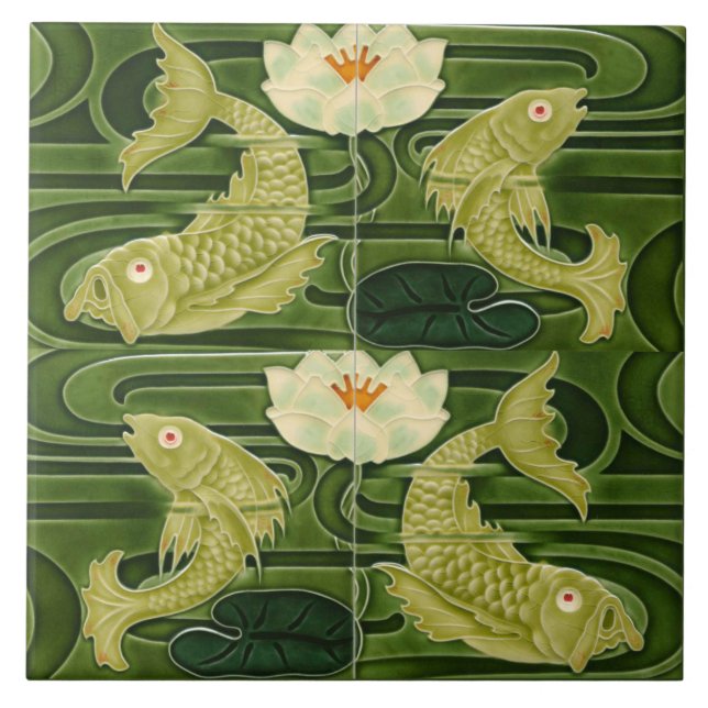Azulejo Art Nouveau Jugendstil Estanque Peces Verde (Frente)