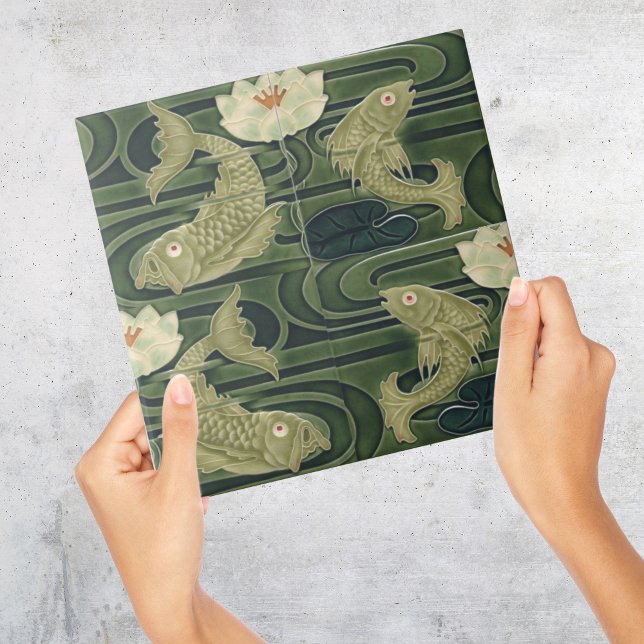 Azulejo Art Nouveau Jugendstil Pond Fish Green (green Art Deco vintage tile with japanese style koi fish in pond with waterlily)