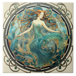 Azulejo Art Nouveau Mermaid, Aquamarine y Amber Design