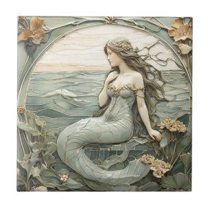 Azulejo Art Nouveau Mermaid Faux Relief Mint Ocean Sea
