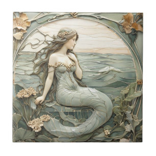 Azulejo Art Nouveau Mermaid Faux Relief R Mint Ocean Sea