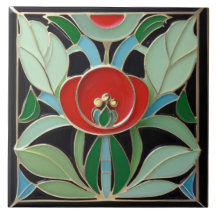 Art Nouveau modernista Faux Relief Flor verde roja