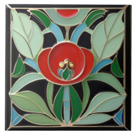 Azulejo Art Nouveau modernista Faux Relief Flor verde roja