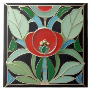 Azulejo Art Nouveau modernista Faux Relief Flor verde roja