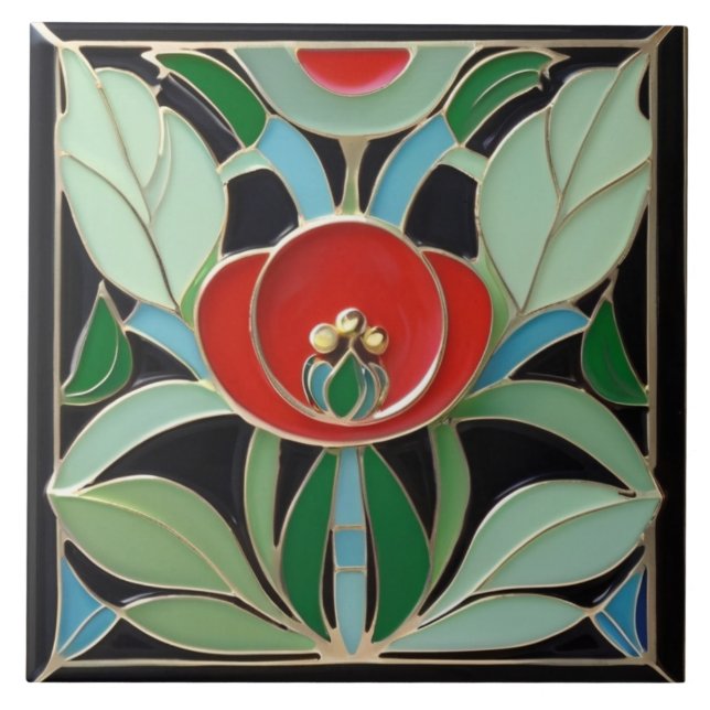 Azulejo Art Nouveau modernista Faux Relief Flor verde roja (Frente)