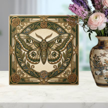 Art Nouveau Moth Green Gold Floral Ceramic Tile