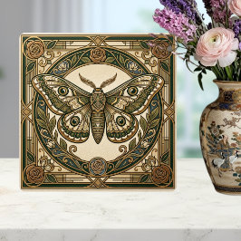 Azulejo Art Nouveau Moth Green Gold Floral Ceramic Tile