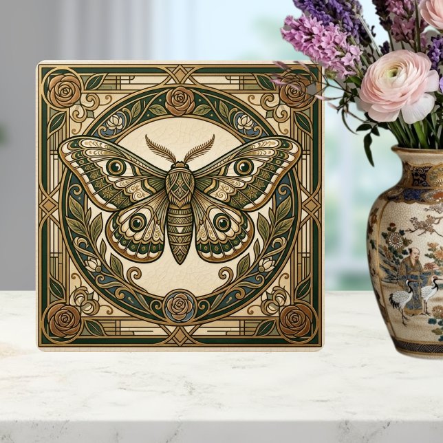 Azulejo Art Nouveau Moth Green Gold Floral Ceramic Tile (Subido por el creador)
