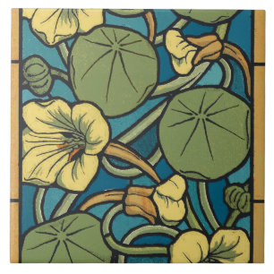 Azulejo Art Nouveau Nasturtium Azul Oro floral Verneuil