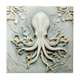 Azulejo Art Nouveau Octopus Faux Relief Gold & Mint Pastel