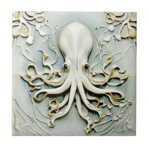 Azulejo Art Nouveau Octopus Faux Relief Gold & Mint Pastel