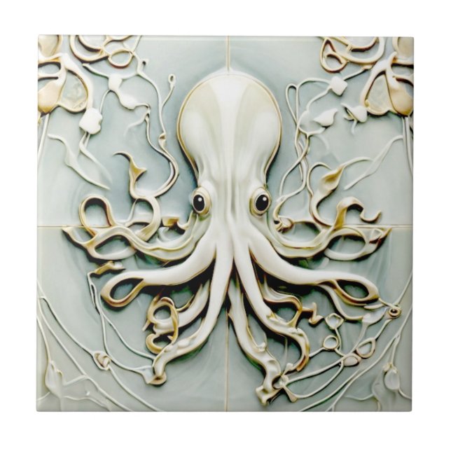 Azulejo Art Nouveau Octopus Faux Relief Gold & Mint Pastel (Frente)