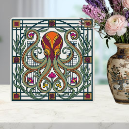 Azulejo Art Nouveau Octopus Orange Burgundy Green Floral D