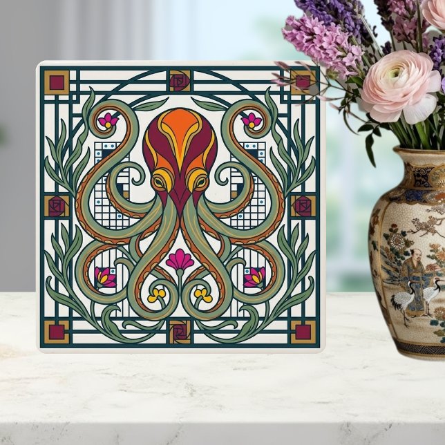 Azulejo Art Nouveau Octopus Orange Burgundy Green Floral D (Subido por el creador)
