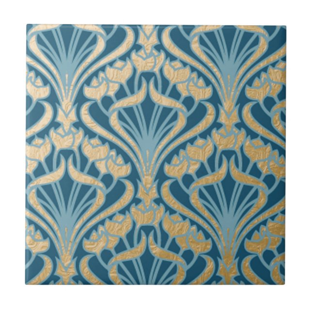 Azulejo Art Nouveau, oro, verde azulado, damasco, floral,  (Frente)