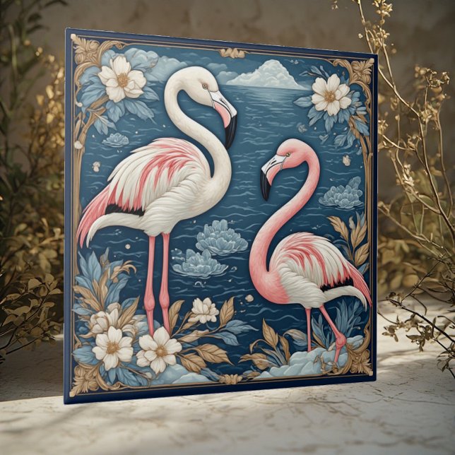 Azulejo Art Nouveau Romantic Flamingo Couple Floral Motifs (Art Nouveau Romantic Flamingo Couple Floral Motifs Ceramic Tile)