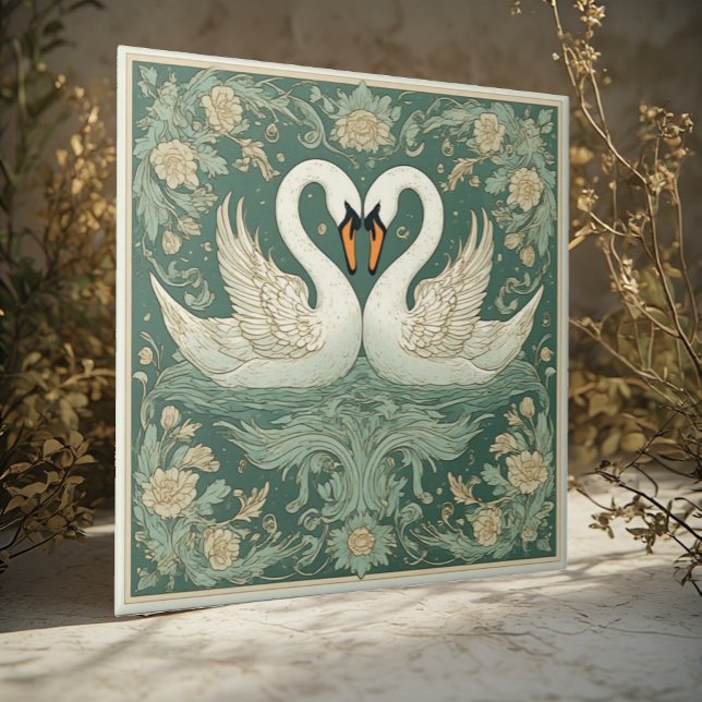 Azulejo Art Nouveau Swan Couple Decorative Lake Scenery  (Art Nouveau Swan Couple Decorative Lake Scenery Ceramic Tile)