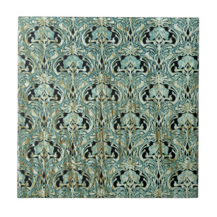 Azulejo Art Nouveau, verde azulado, oro, patrón, belle épo