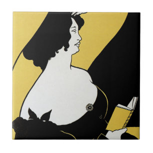 Azulejo Art Nouveau vintage, mujer leyendo libro amarillo