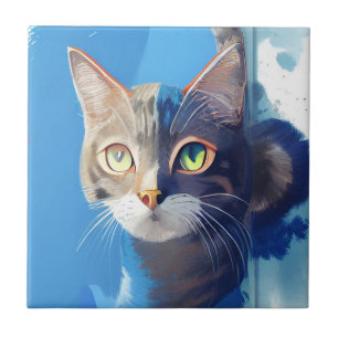Azulejo Arte abstracto de gato curioso del azul