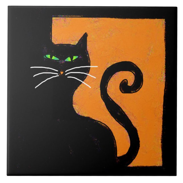 Azulejo Arte abstracto de Halloween gato negro (Frente)