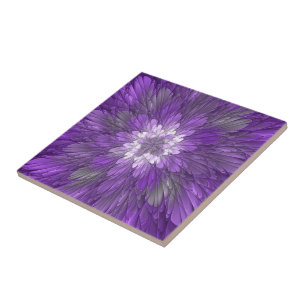 Azulejo Arte abstracto fractal de flor púrpura psicodélico