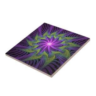 Azulejo Arte abstracto fractal moderno de flor verde púrpu
