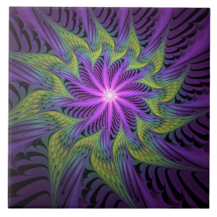 Azulejo Arte abstracto fractal moderno de flor verde púrpu