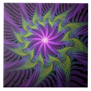 Azulejo Arte abstracto fractal moderno de flor verde púrpu