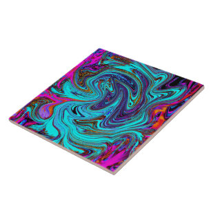 Azulejo Arte abstracto retro groovy azul acuático y negro