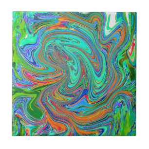 Azulejo Arte abstracto retro groovy de Aqua, Naranja y Ver